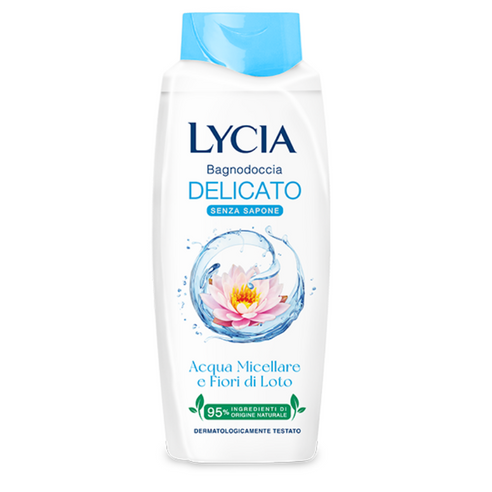 Lycia Bagnodoccia Delicato Senza Sapone Acqua Micellare e Fiori di Loto nježni gel za tuširanje bez sapuna micelarna voda i cvjetovi lotosa 95% prirodnih sastojaka dermatološki testiran (600ml)