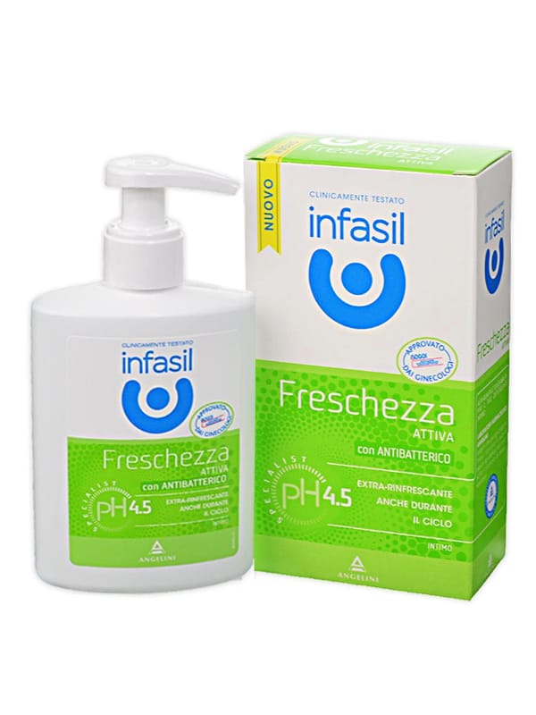 Infasil Freschezza Attiva con Antibatterico Detergente Intimo pH 4.5 extra-rinfrescante anche durante il ciclo pump dispenser approvato dai ginecologi NUOVO klinički testiran Angelini (300ml)
