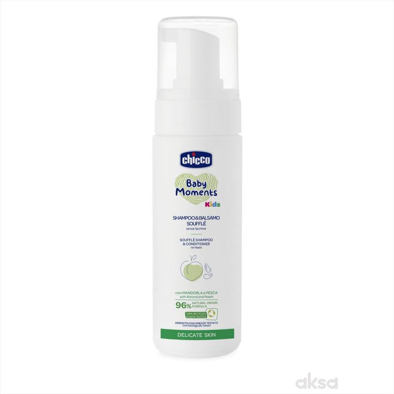Chicco Baby Moments Kids Shampoo & Balsamo Soufflé senza lacrime sa bademom i breskvom 96% prirodnih sastojaka delicate skin no-tears 100% reciklirana boca (150ml)