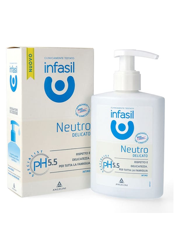 Infasil Neutro Delicato Detergente Intimo pH 5.5 rispetto e delicatezza per tutta la famiglia pump dispenser approvato dai ginecologi NUOVO klinički testiran Angelini (300ml)