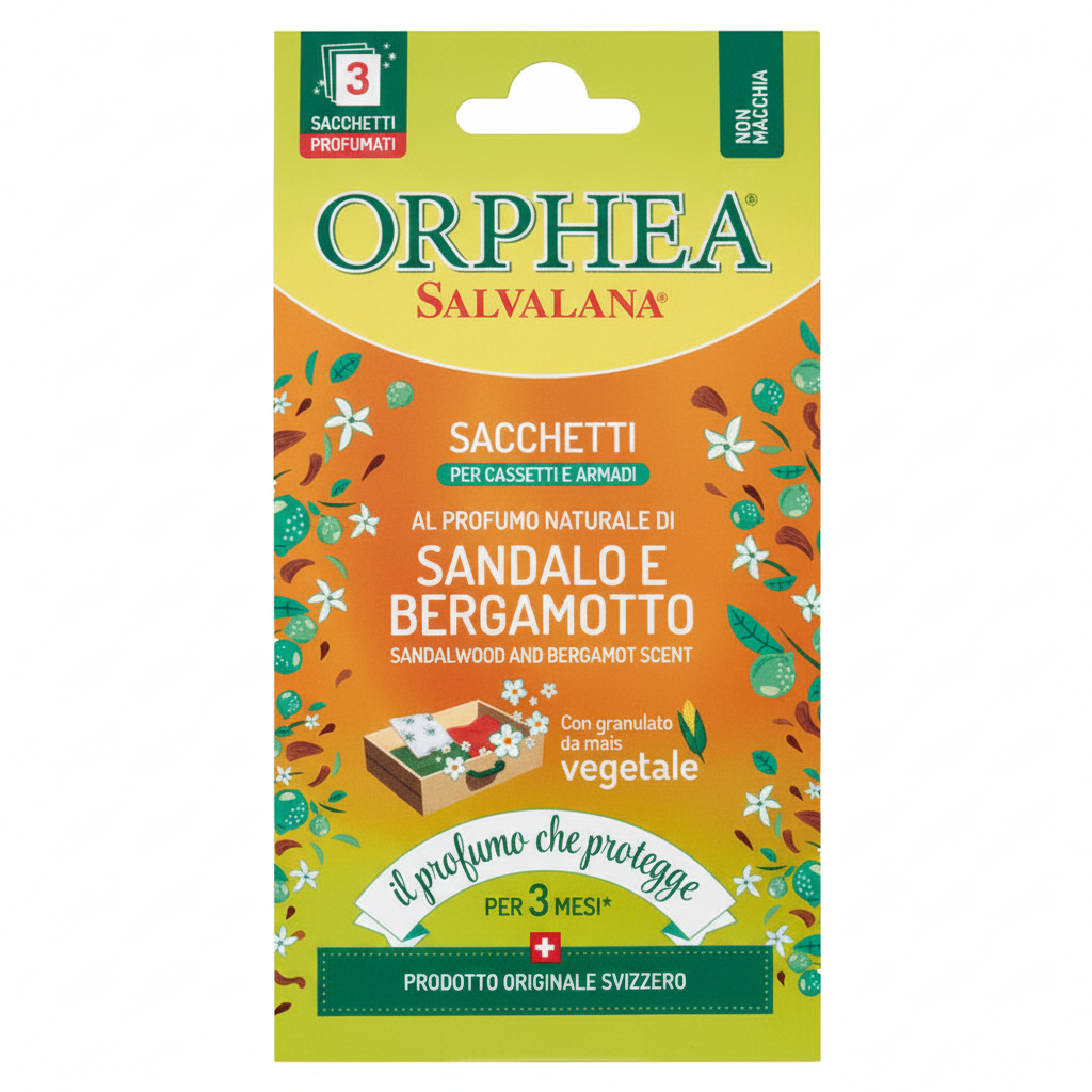 Orphea Salvalana Sacchetti Sandalo e Bergamotto mirisne vrećice sandalovina i bergamot prirodni miris biljne granule zaštita 3 mjeseca (3 komada)
