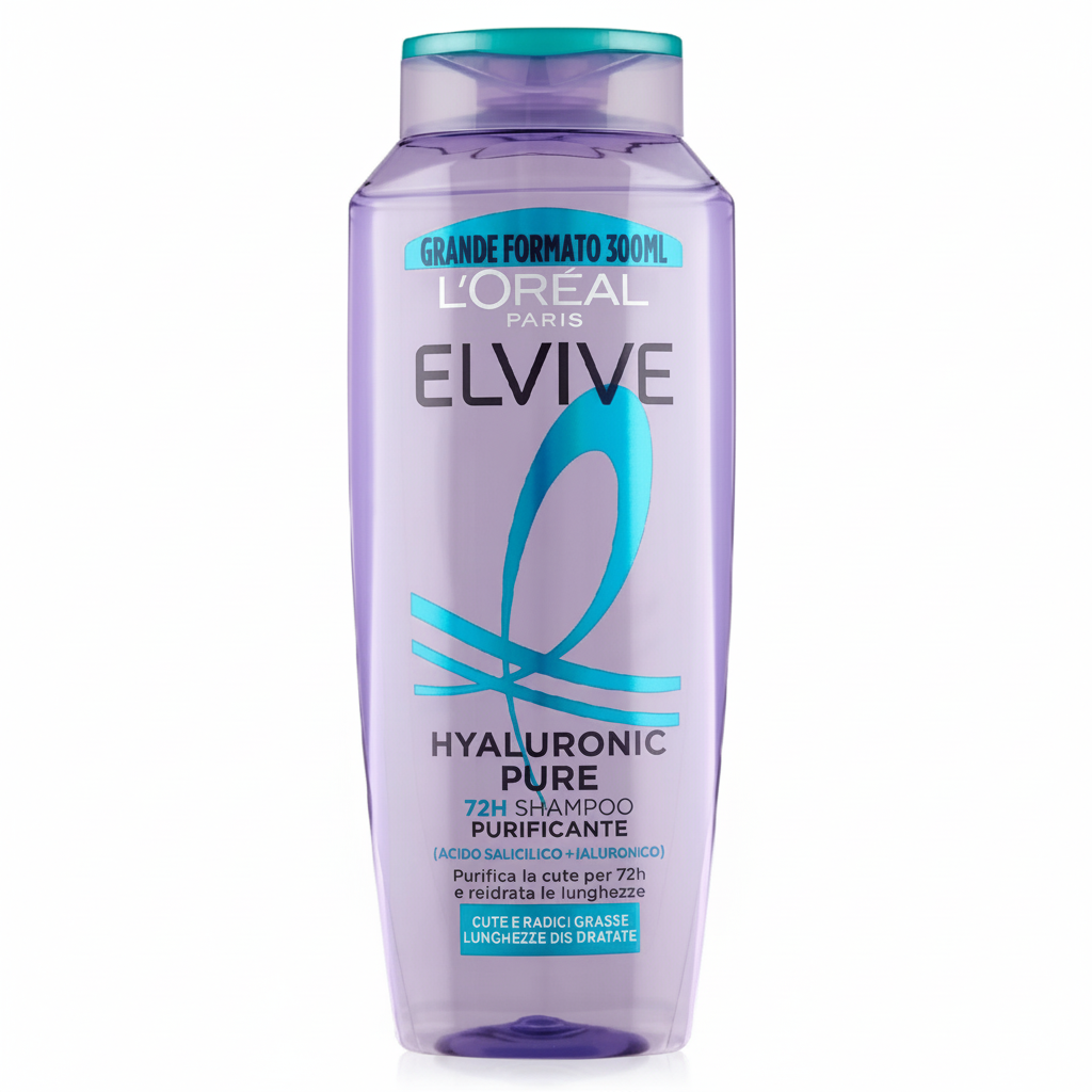 L'Oréal Elvive Hyaluronic Pure 72H Shampoo Purificante con Acido Salicilico e Hyaluronic Acid Purifica la Cute per 72h Radici Leggere Lunghezze Idratate (310ml)