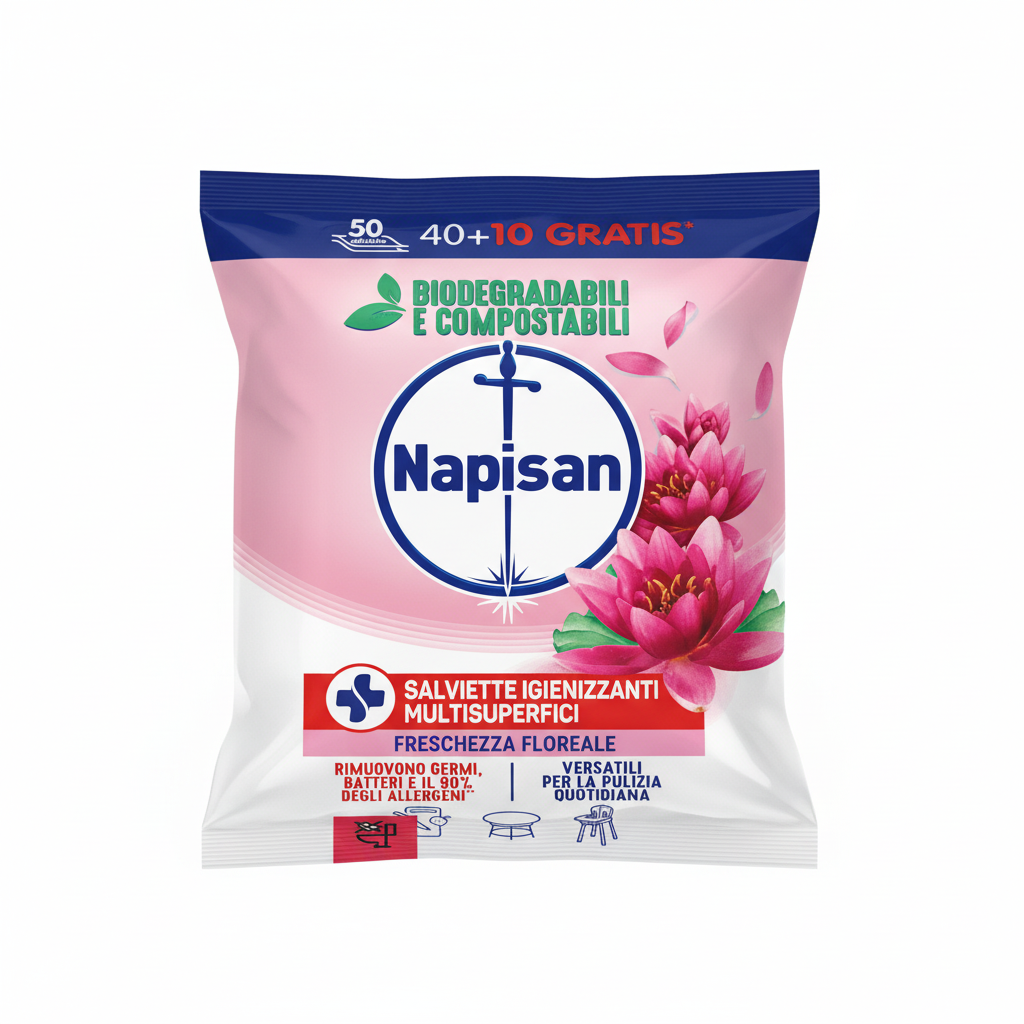 Napisan Salviette Igienizzanti Multisuperfici Freschezza Floreale Biodegradabili e Compostabili Rimuovono Germi Batteri e 90% Allergeni (40+10 Gratis = 50 Salviette)