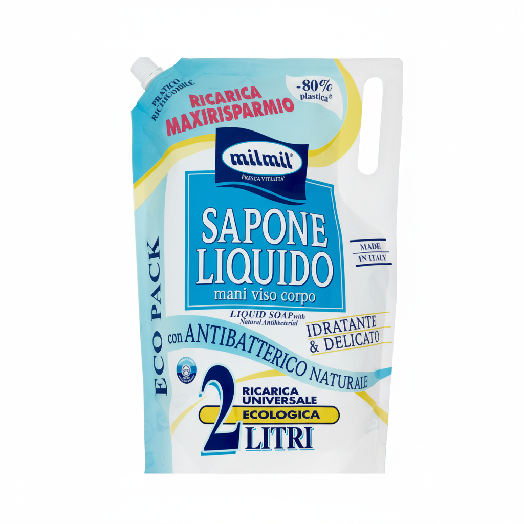 Mil Mil Sapone Liquido con Antibatterico Naturale Ricarica Maxirisparmio Idratante e Delicato Mani Viso Corpo Ecologica Made in Italy (2L)