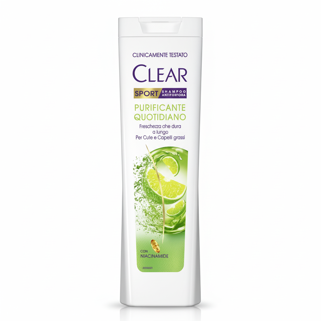 Clear Sport Shampoo Antiforfora Purificante Quotidiano con Niacinamide Freschezza che Dura a Lungo per Cute e Capelli Grassi Clinicamente Testato (225ml)