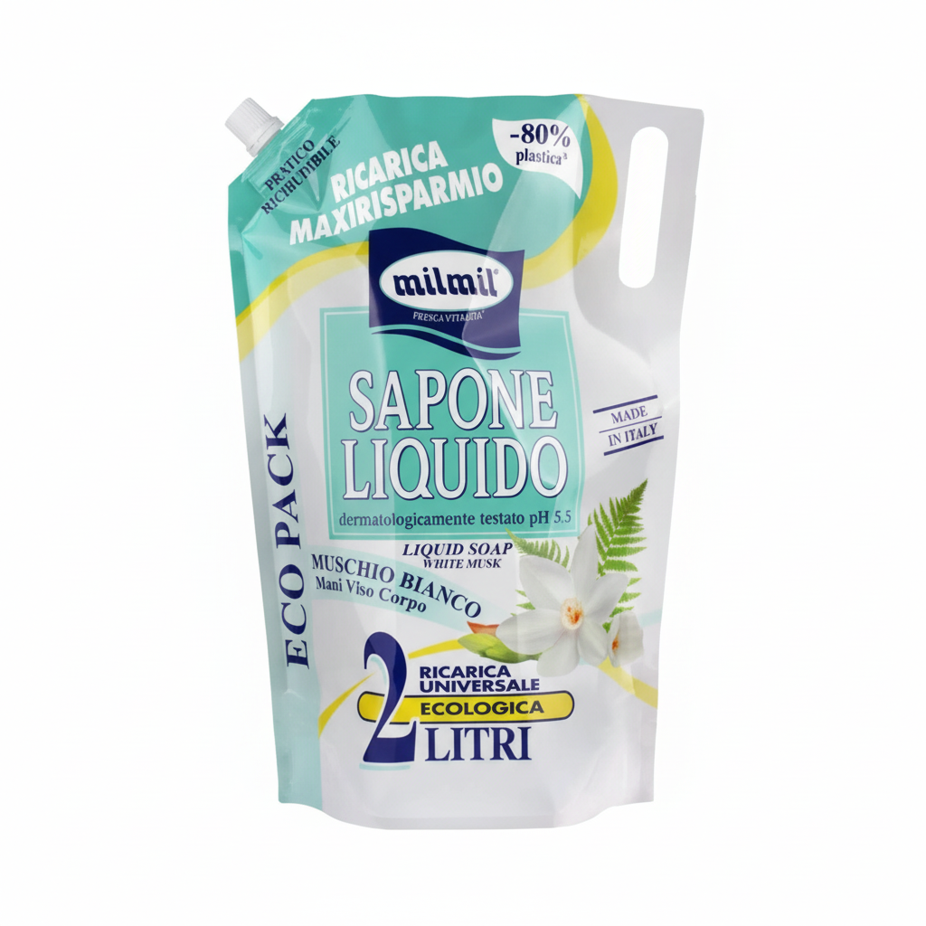 Mil Mil Sapone Liquido Muschio Bianco Ricarica Maxirisparmio Mani Viso Corpo Ecologica Made in Italy (2L)