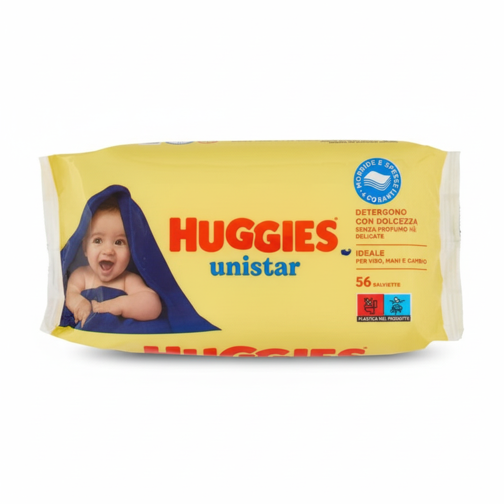 Huggies Unistar Salviettine Detergono con Dolcezza Delicate Ideale per Viso Mani e Cambio Dermatologicamente Testate (56 Salviettine)