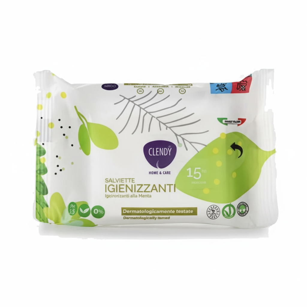 Clendy Salviette Igienizzanti Detergenti alle Mandorle Dermatologicamente Testate Vegan Friendly Made in Italy (15 Salviettine)