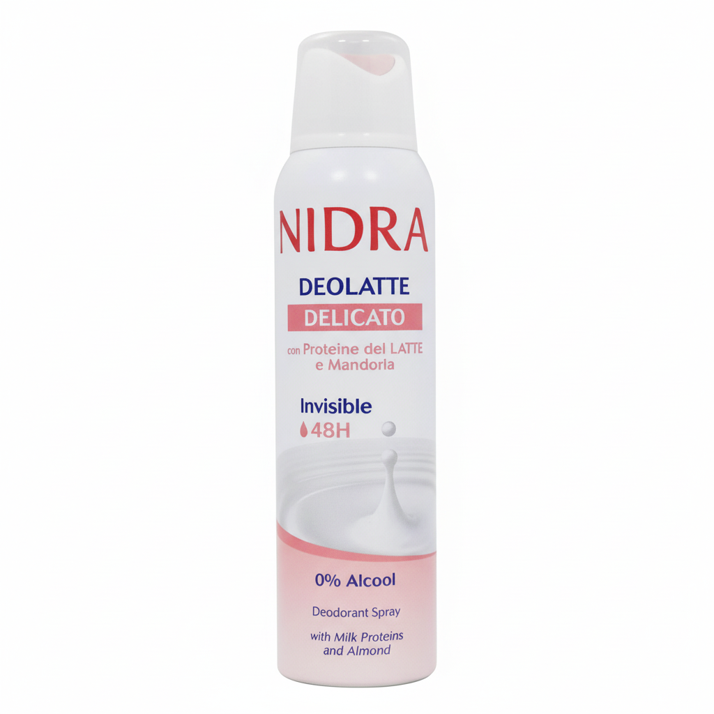 Nidra Deolatte Delicato Deo Spray dezodorans sa proteinima mlijeka i bademom invisible 48h za osjetljivu kožu 0% alkohola (150ml)