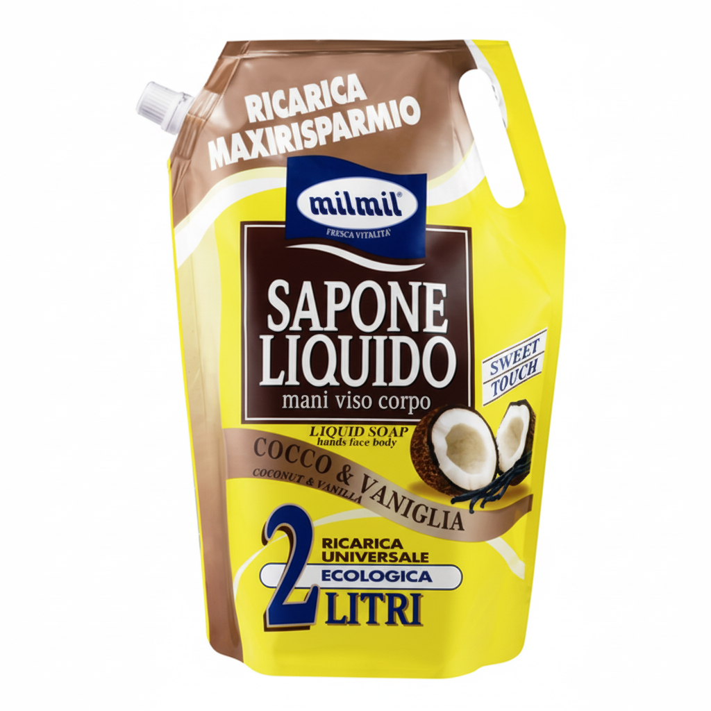 Mil Mil Sapone Liquido Cocco & Vaniglia Ricarica Maxirisparmio Mani Viso Corpo Sweet Touch Ecologica (2L)