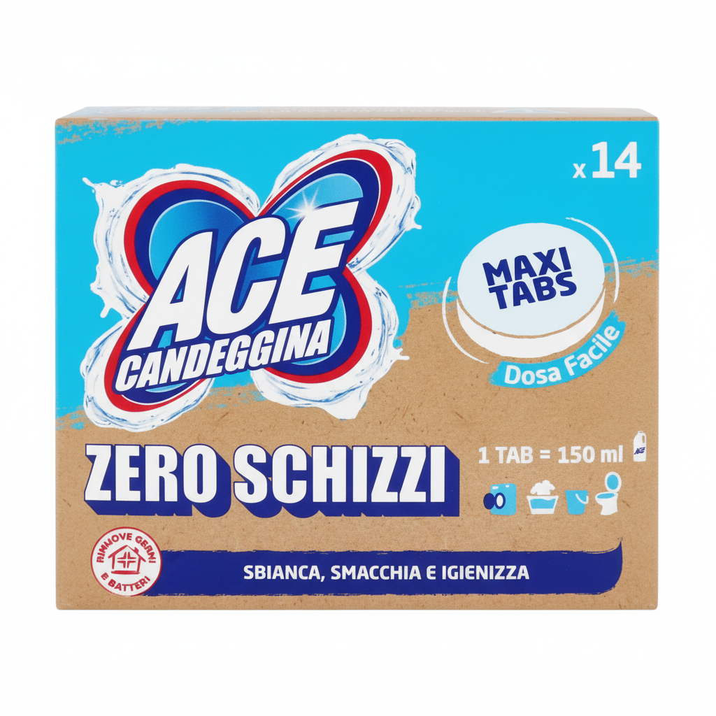 ACE Candeggina Zero Schizzi Maxi Tabs Dosa Facile Sbianca Smacchia e Igienizza Rimuove Germi e Batteri 1 tableta = 150ml (14 tablete)