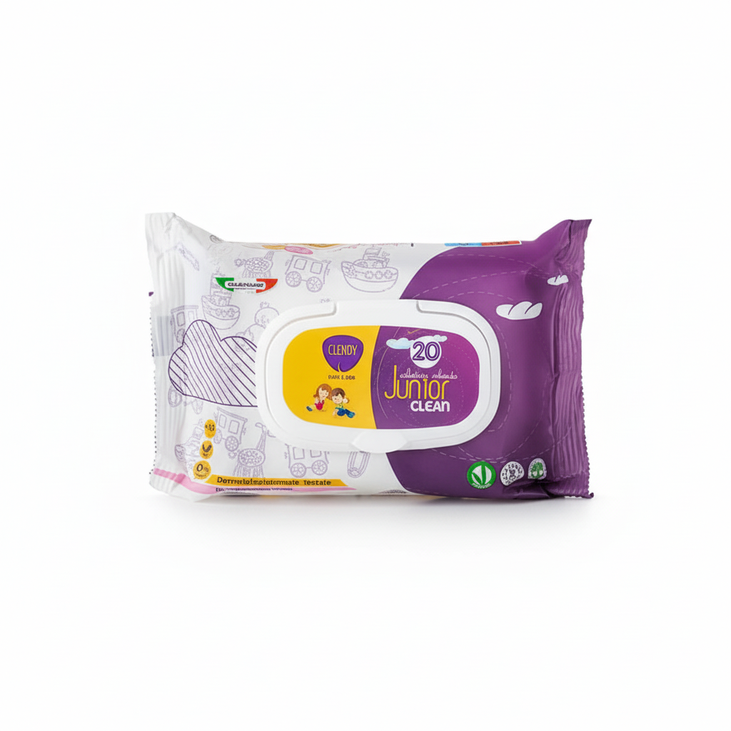 Clendy Junior Clean Salviettine Imbevute Dermatologicamente Testate Vegan Friendly Biodegradabili Made in Italy (20 Salviettine)