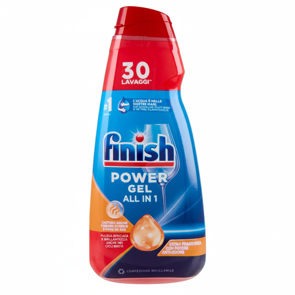 Finish Power Gel All in 1 Fresh Ultra Efficace e Brillantezza Anche sui Residui Secchi Confezione Riciclabile (600ml - 30 Lavaggi)
