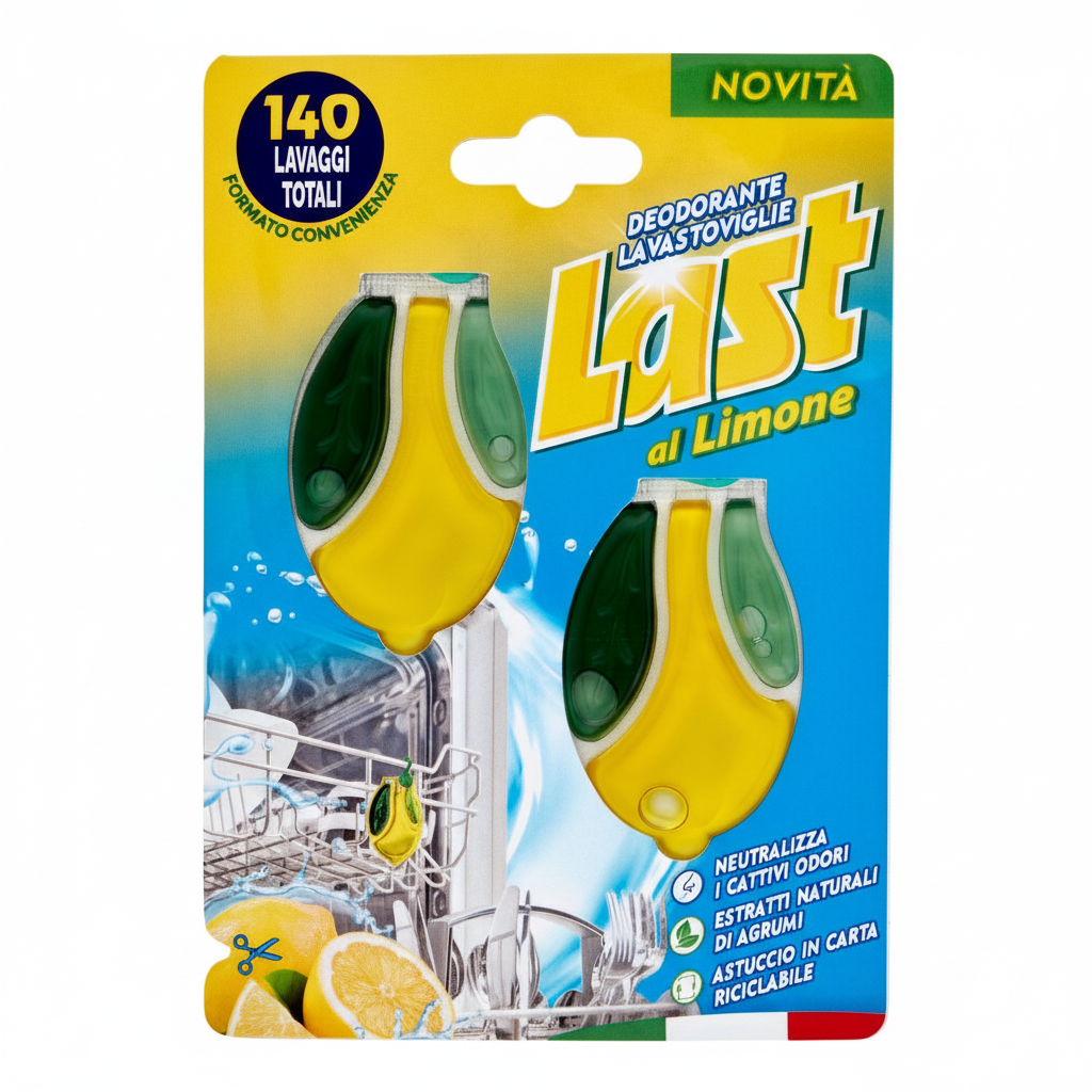Last Deodorante Lavastoviglie al Limone Neutralizza i Cattivi Odori con Estratti Naturali di Agrumi Astuccio in Carta Riciclabile (2x70 Lavaggi - 140 Totali)