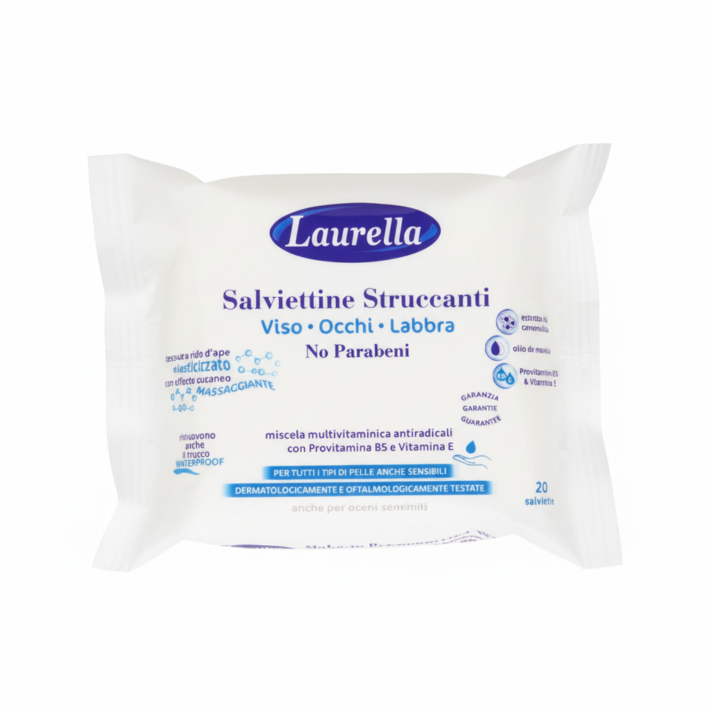 Laurella Salviettine Struccanti Viso Occhi Labbra No Parabeni Miscela Multivitaminica Antiradicalica con Provitamina B5 e Vitamina E (20 Salviettine)