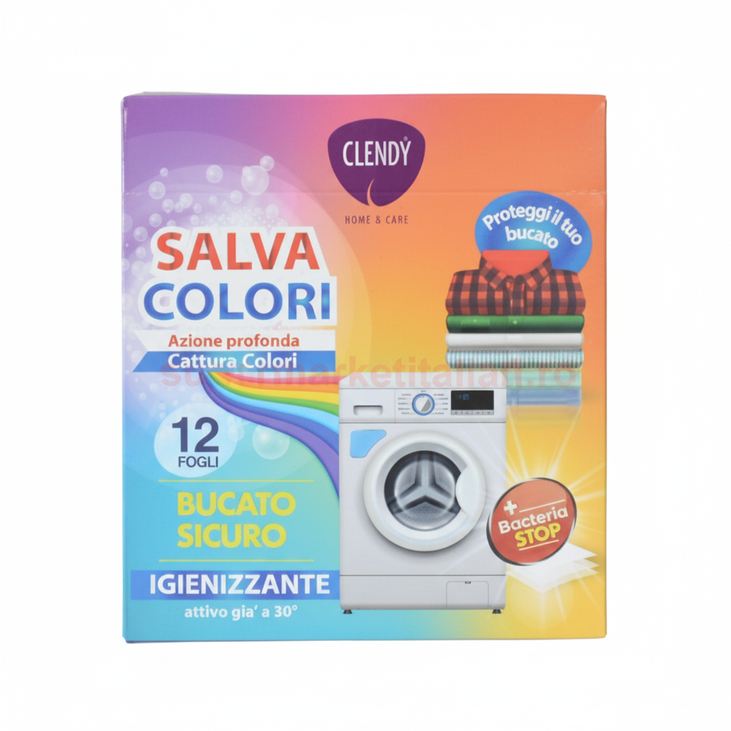 Clendy Salva Colori Fogli Cattura Colori Azione Profonda Proteggi il Tuo Bucato Igienizzante Attivo già a 30°C Bacteria Stop (12 Fogli)