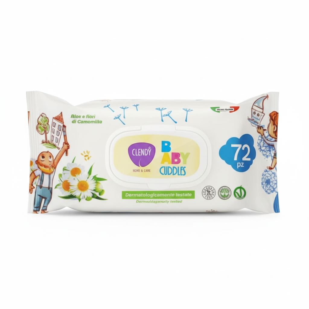 Clendy Baby Cuddles Salviettine Igienizzanti con Aloe e Fiori di Camomilla Dermatologicamente Testate Vegan Friendly Made in Italy (72 Salviettine)