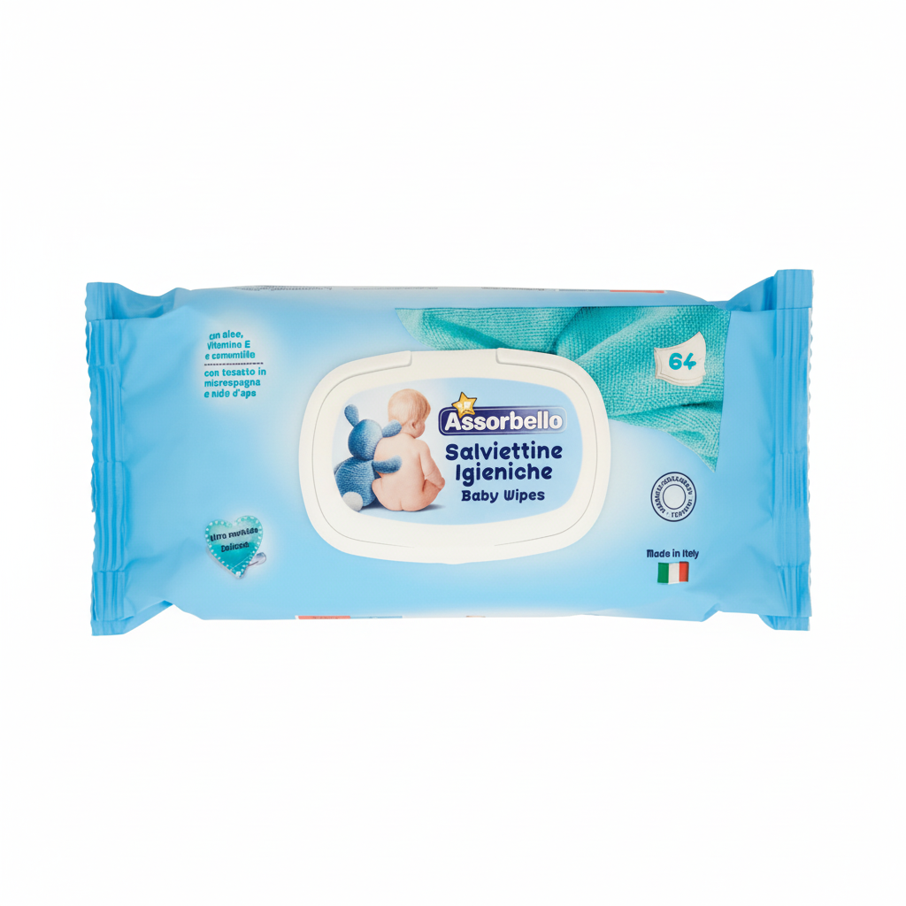 Assorbello Salviettine Igieniche Baby Wipes con Aloe Vitamina E e Camomilla Ultra Morbide Talco Made in Italy (64 Salviettine)