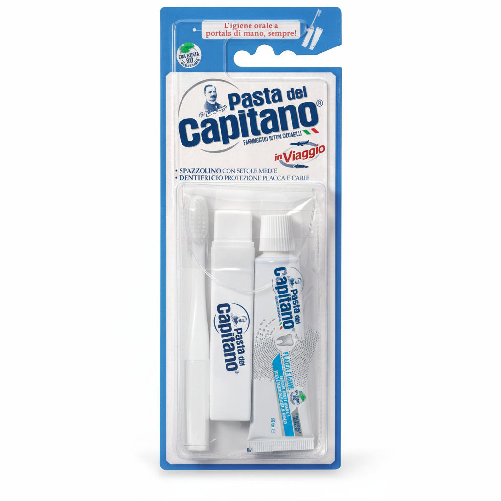 Pasta del Capitano Kit da Viaggio putni set za oralnu higijenu četkica sa srednjim vlaknima pasta za zube zaštita plaka i karijesa (1 set)