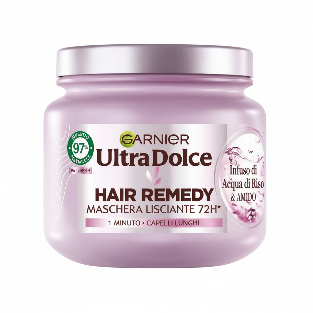 Garnier Ultra Dolce Hair Remedy Maschera Lisciante 72H Infuso di Acqua di Riso & Amido 1 Minuto per Capelli Lunghi 97% Ingredienti Naturali (300ml)