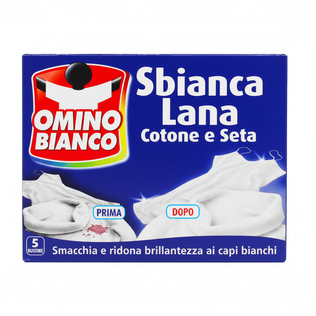 Omino Bianco Sbianca Lana Cotone e Seta 5 Fogli Smacchia e Ridona Brillantezza ai Capi Bianchi Prima e Dopo il Lavaggio Made in Italy
