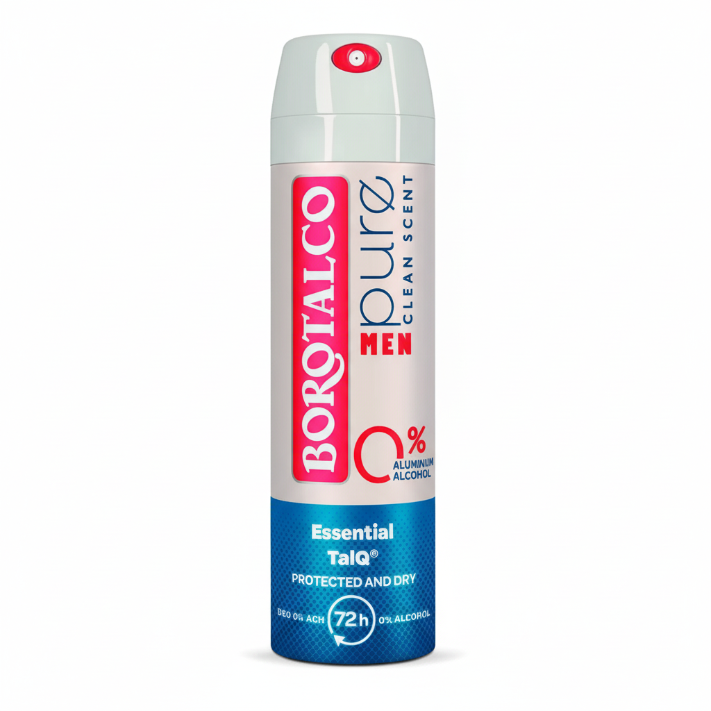 Borotalco Pure Men Essential Talc Deo Spray dezodorans za muškarce sa talkom 72h zaštita 0% aluminijuma i alkohola (150ml)