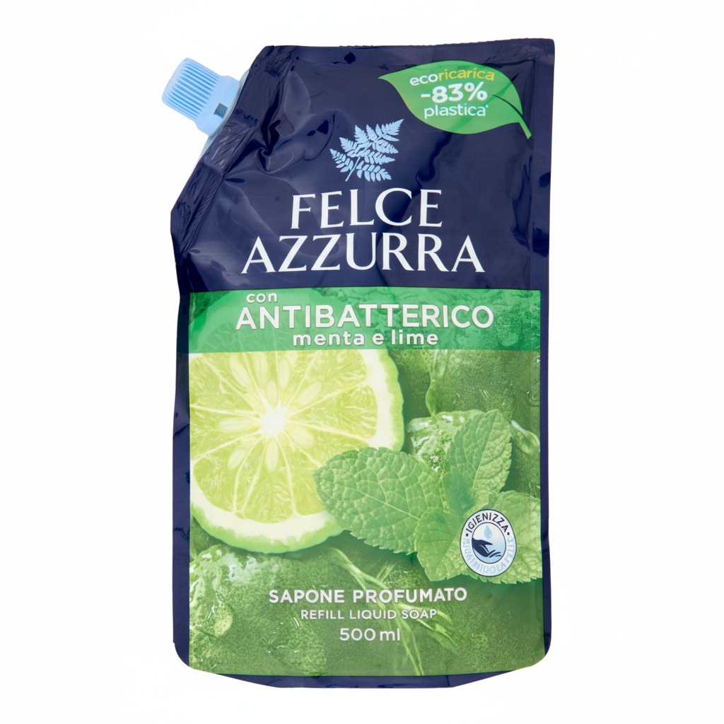 Felce Azzurra Antibacterial Mint and Lime Liquid Soap Refill Sapone Liquido Ricarica Menta e Lime Igienizzante Ecoricarica (500ml)