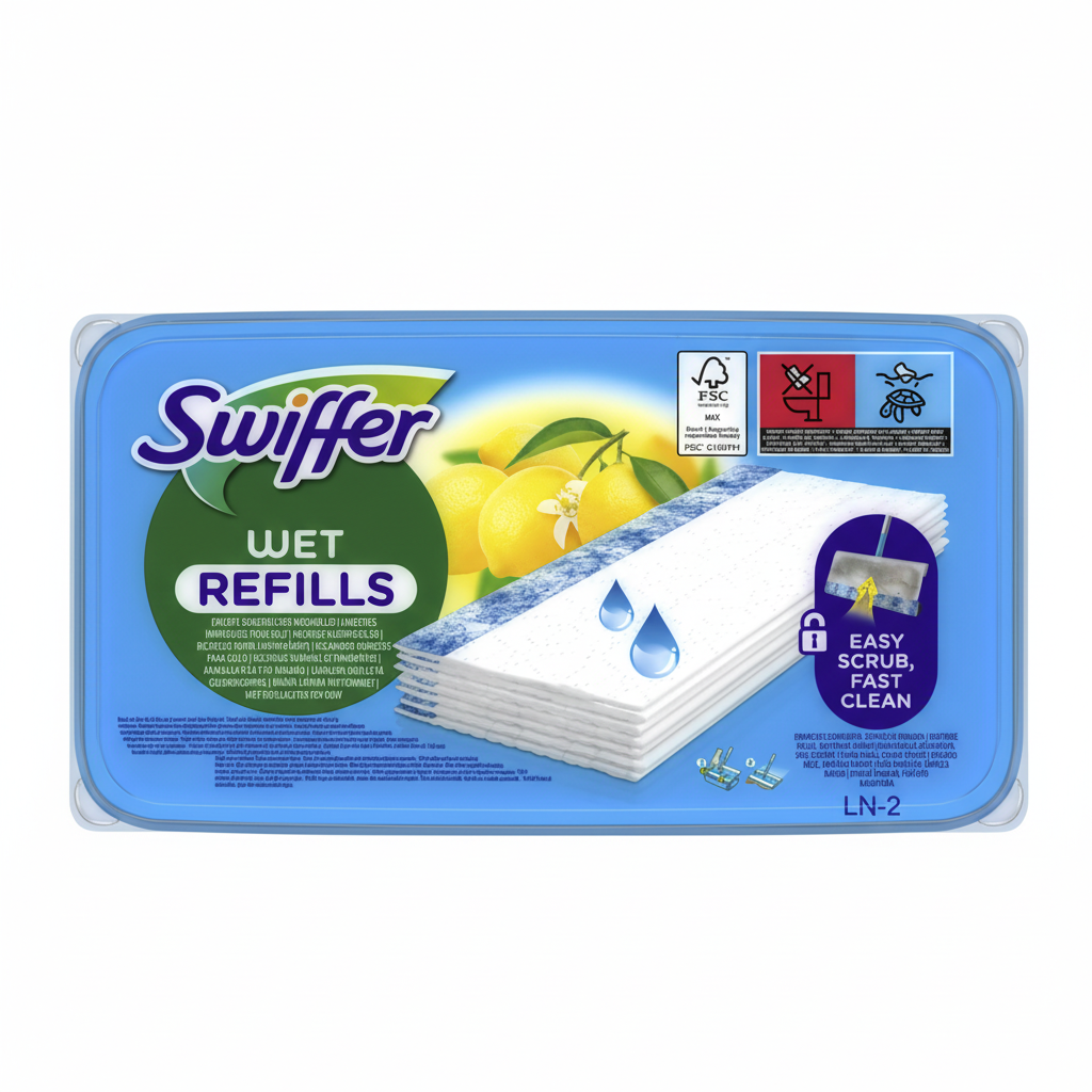 Swiffer Wet Refills Panni Umidi Ricarica per Pavimenti Easy Scrub Fast Clean con Profumo di Limone FSC Certified (12 Panni)