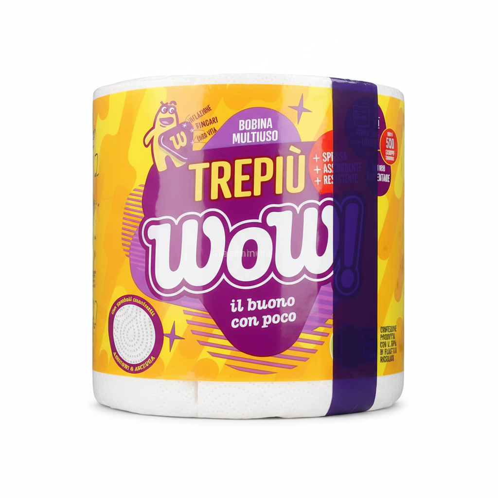 WOW! Trepiù - višenamjenska rola kuhinjskog papira. Bobina multiuso sa 3 sloja super upijajuća, otporna i svestrana za čišćenje, brisanje i svakodnevnu upotrebu.