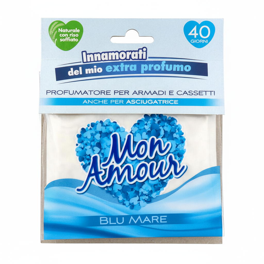 Mon Amour Profumatore per Armadi e Cassetti Blu Mare Innamorati del Mio Extra Profumo Naturale con Riso Soffiato Dura 40 Giorni Anche per Asciugatrice