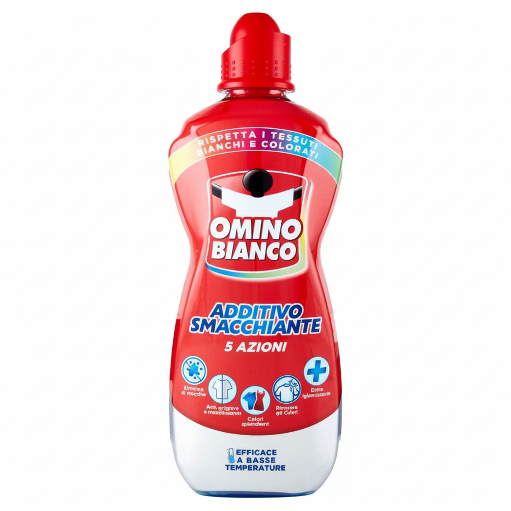 Omino Bianco Additivo Smacchiante 5 Azioni Rispetta i Tessuti e le Tinte Colorate Efficace a Basse Temperature Made in Italy (500ml)