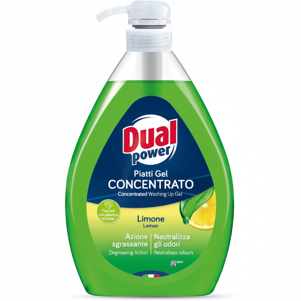 Dual Power Piatti Gel Concentrato Limone Azione Sgrassante Neutralizza gli Odori Flacone con Plastica Riciclata (1000ml)