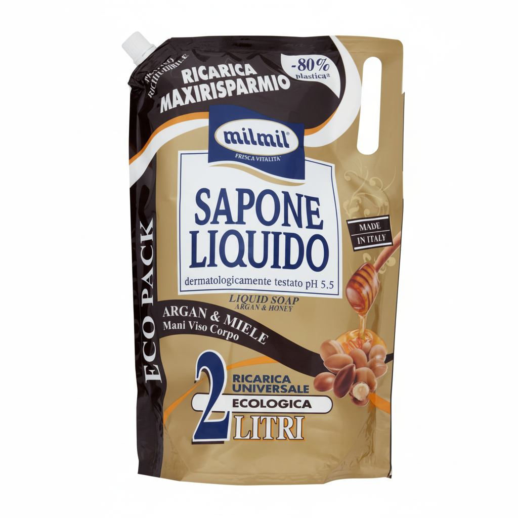 Mil Mil Sapone Liquido Argan & Miele Ricarica Maxirisparmio Mani Viso Corpo pH 5.5 Ecologica Made in Italy (2L)