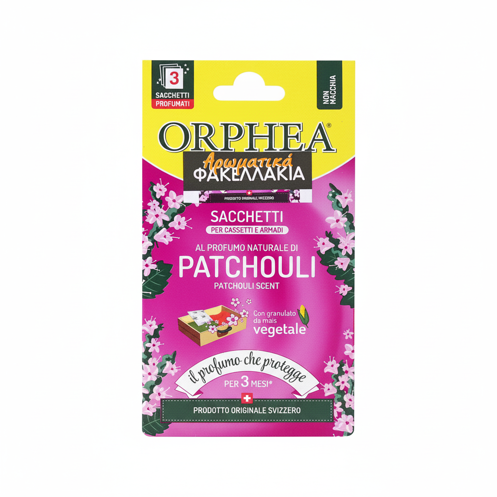 Orphea Sacchetti Patchouli mirisne vrećice za fioke i ormare prirodni miris pačulija sa biljnim granulama kukuruza zaštita 3 mjeseca (3 komada)