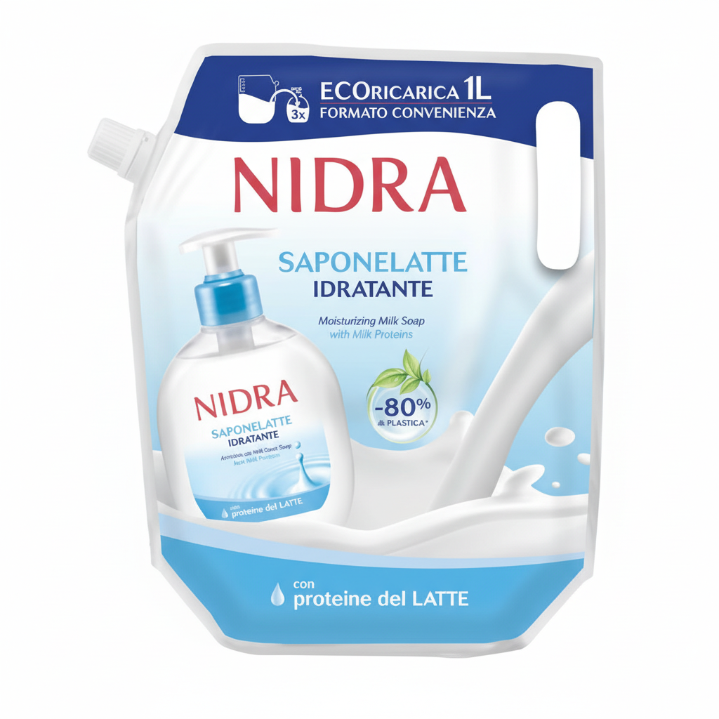 Nidra Saponelatte Idratante Ecoricarica con Proteine del Latte Formato Convenienza Mani Viso Corpo Made in Italy (1L)