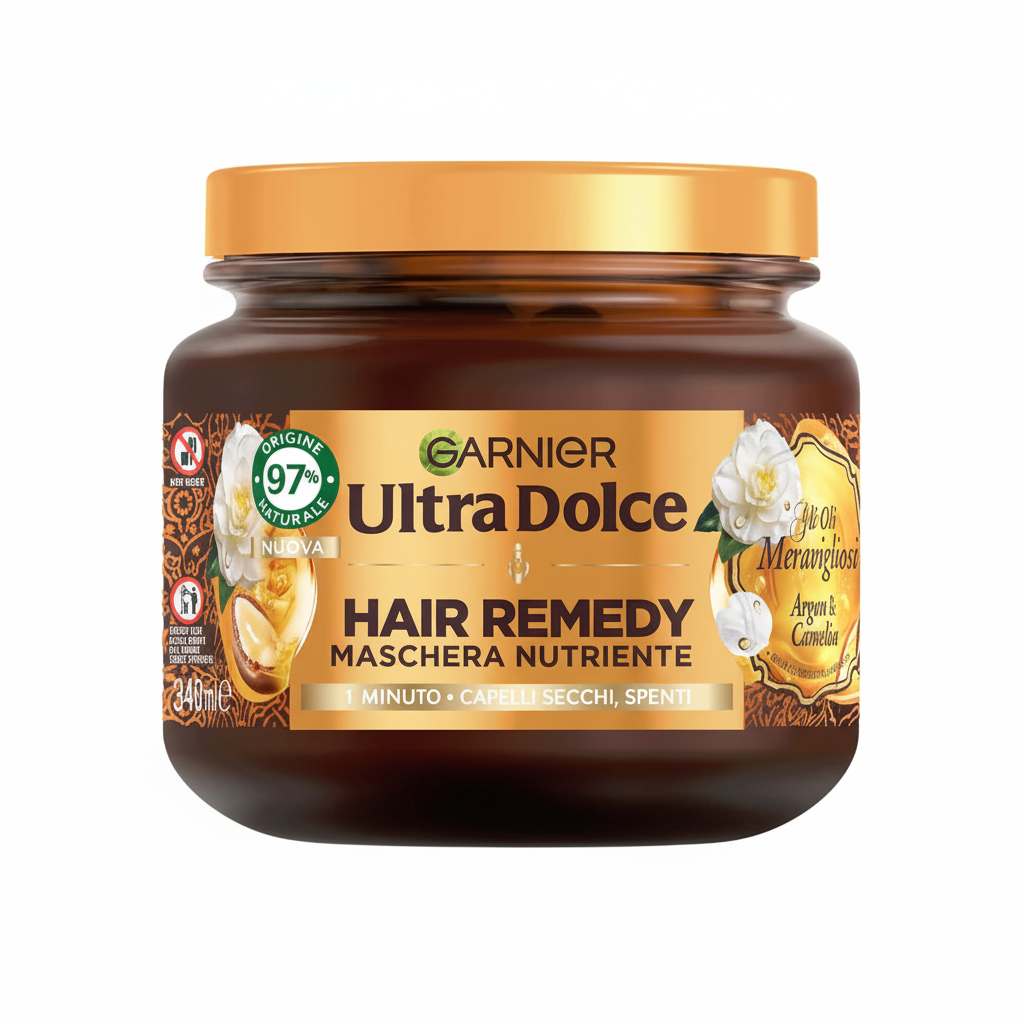 Garnier Ultra Dolce Hair Remedy Maschera Nutriente con Argan & Camelia 1 Minuto per Capelli Secchi Spenti 97% Ingredienti Naturali (340ml)