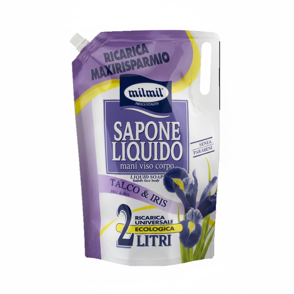 Mil Mil Sapone Liquido Talco & Iris Ricarica Maxirisparmio Mani Viso Corpo Senza Parabeni Ecologica Made in Italy (2L)