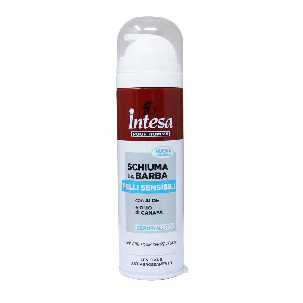 Intesa Pour Homme Schiuma da Barba Pelli Sensibili con Aloe e Olio di Canapa Zero Alcool Shaving Foam Sensitive Skin (300ml)