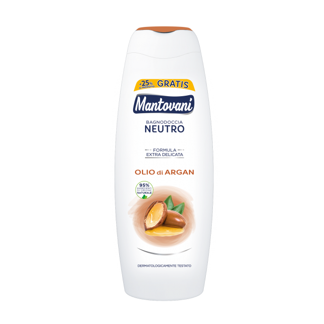 Mantovani Bagnodoccia Neutro Olio di Argan gel za tuširanje argan ulje formula extra delicata 95% prirodnih sastojaka dermatološki testiran +25% gratis (500ml + 125ml Gratis)