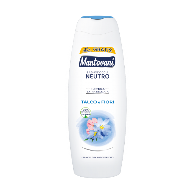 Mantovani Bagnodoccia Neutro Talco e Fiori gel za tuširanje talk i cvjetovi formula extra delicata 95% prirodnih sastojaka dermatološki testiran +25% gratis (500ml + 125ml Gratis)