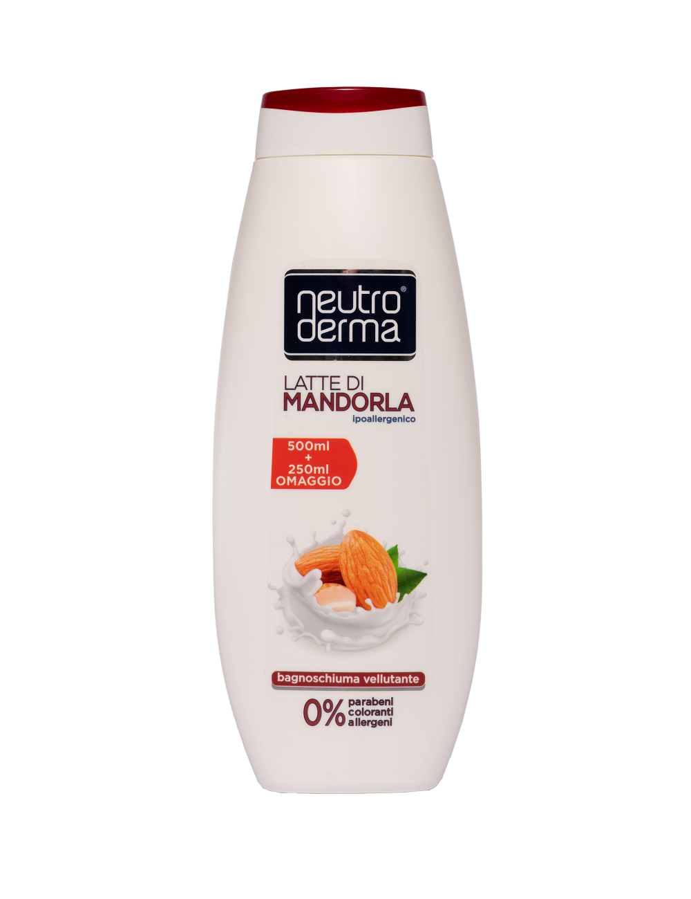 Neutro Derma Latte di Mandorla Bagnoschiuma Vellutante hipoalergenski badem mlijeko 0% parabena bojila alergena svilenkasta pjena za kupanje per una pelle più morbida (500ml + 250ml Omaggio)