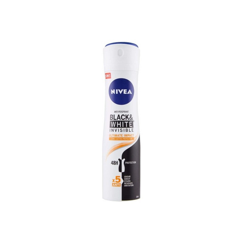 Nivea Black & White Invisible Ultimate Impact Anti-Perspirant Deo Spray 5in1 zaštita anti-odour anti-stains anti-residues anti-irritation 48h (150ml)
