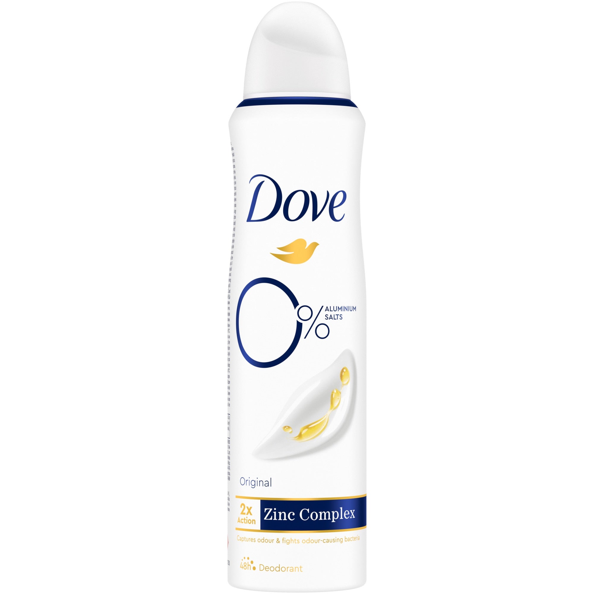 Dove Original Deo Spray 0% aluminijumskih soli Zinc Complex 2x action controls odour & fights odour-causing bacteria 48h zaštita (150ml)