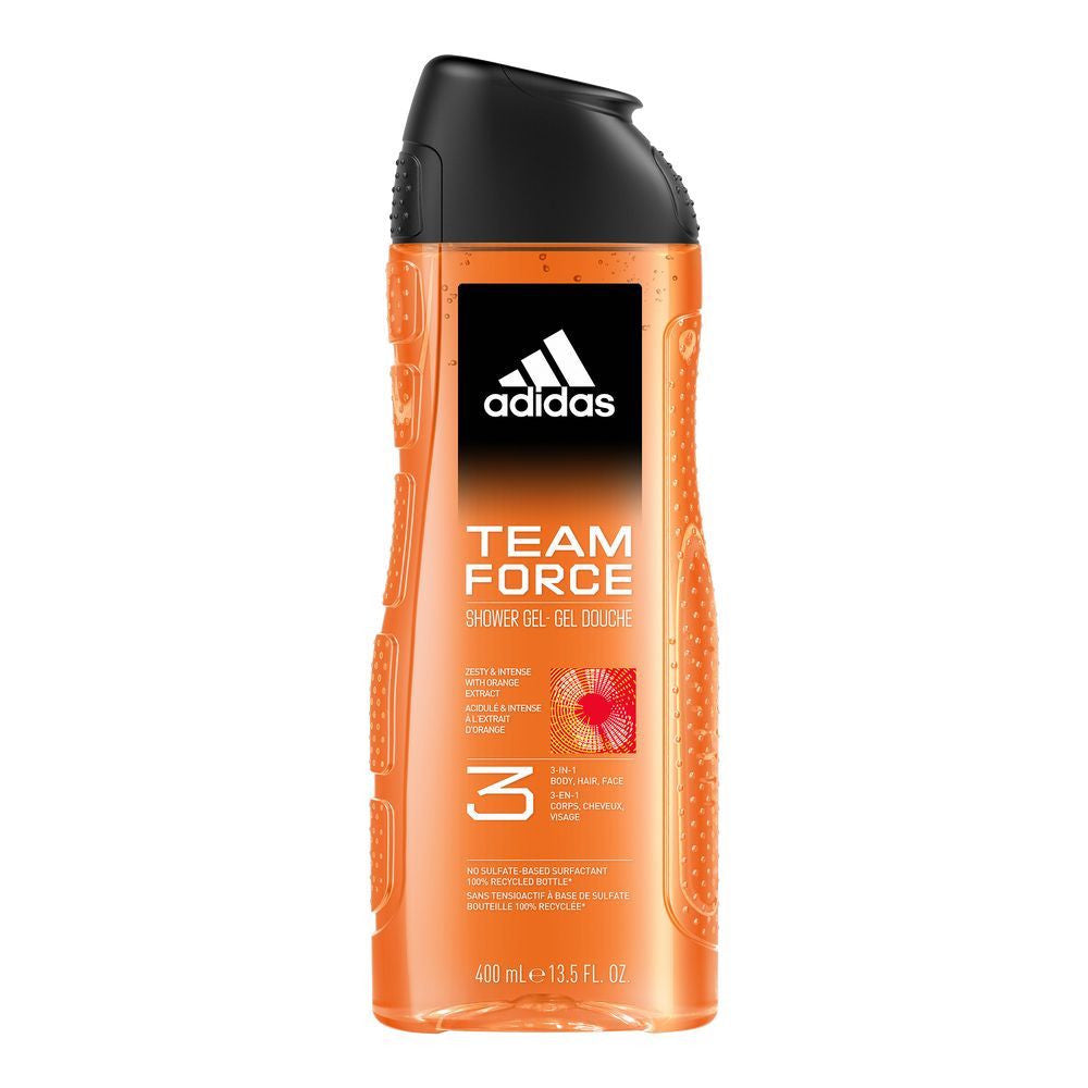 Adidas Team Force 3-in-1 Shower Gel gel za tuširanje tijelo kosa lice zesty & intense ekstrakt narandže no sulfate-based surfactant 100% reciklirana boca za muškarce (400ml)