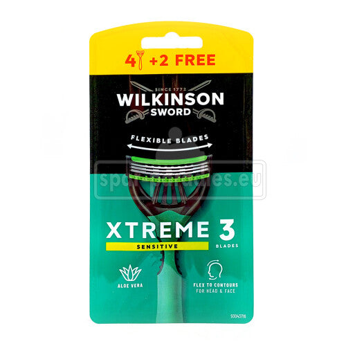 Wilkinson Sword Xtreme 3 Sensitive jednokratni brijači 3 fleksibilna sječiva aloe vera flex to contours for head & face (4+2 gratis)